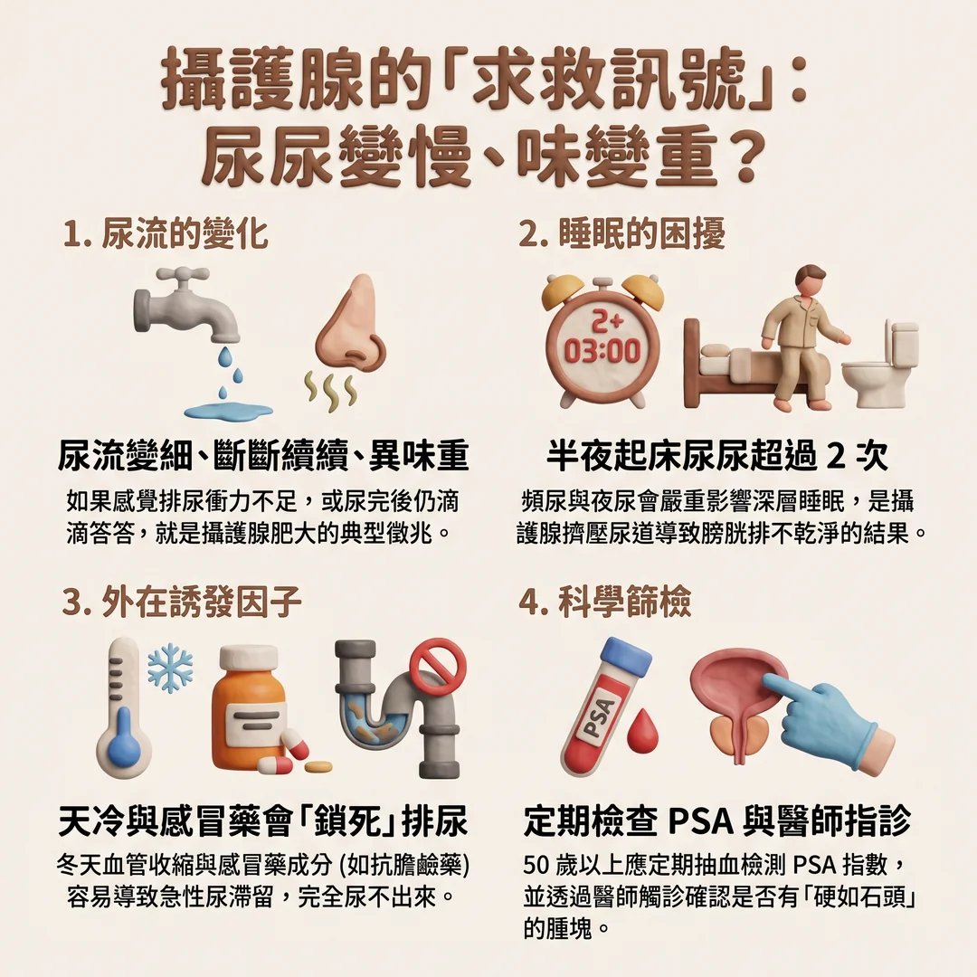 攝護腺健康警訊指南（圖／AI生成製圖）