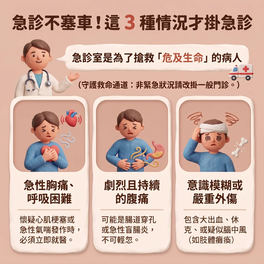 三種急診就醫情況（圖／AI生成製圖）