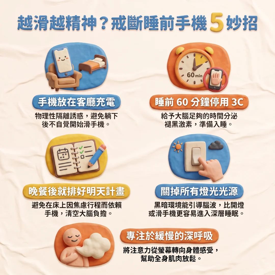 戒斷睡前手機五大妙招（圖／AI生成製圖）