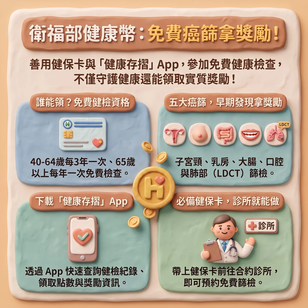免費癌篩領獎勵指南（圖／AI生成製圖）
