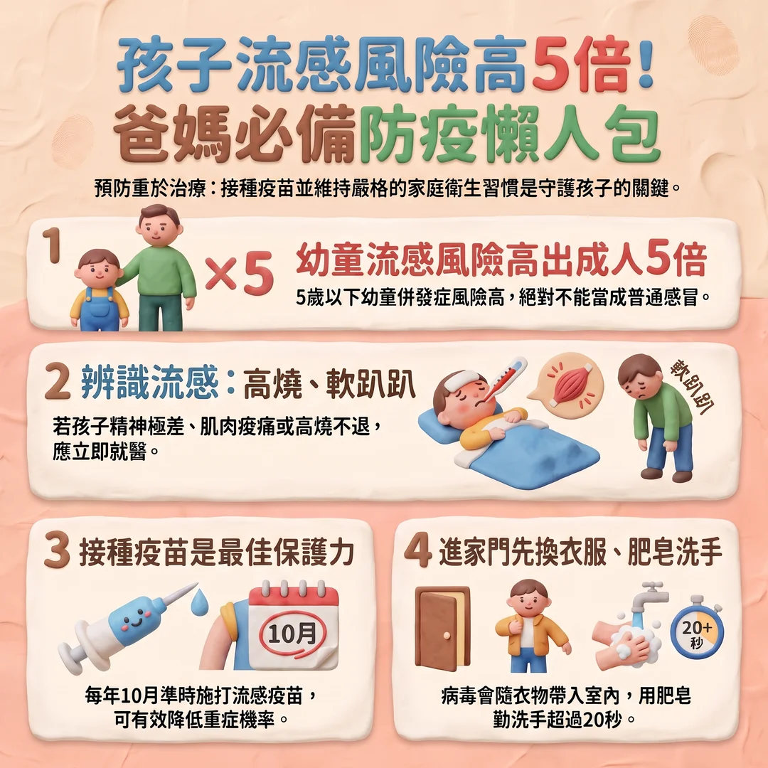 兒童流感防疫懶人包（圖／AI生成製圖）