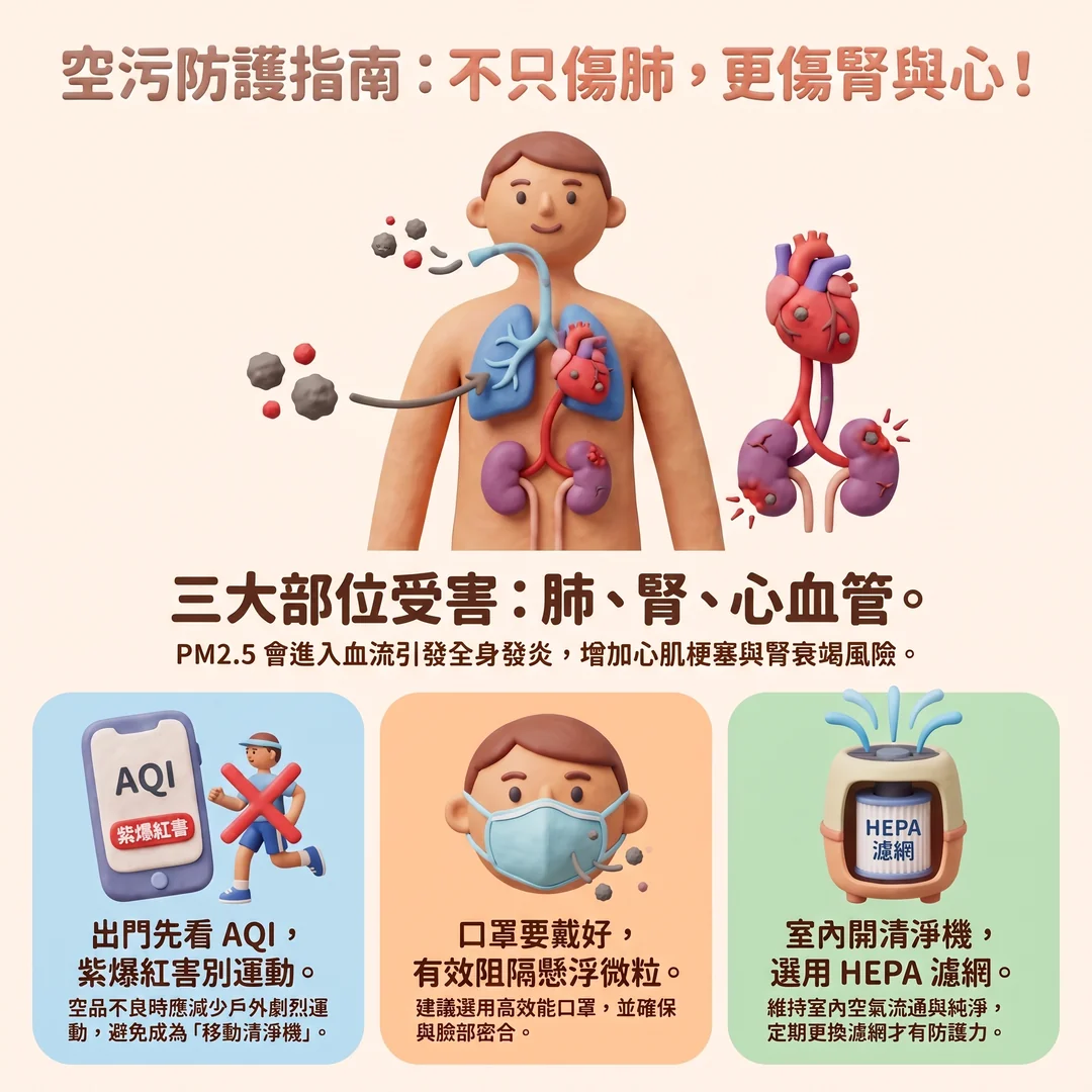 空污防護：保護肺腎心（圖／AI生成製圖）