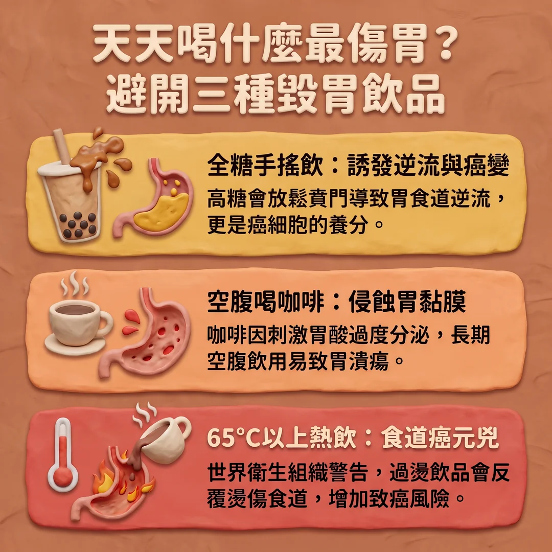 避開三種傷胃飲品（圖／AI生成製圖）