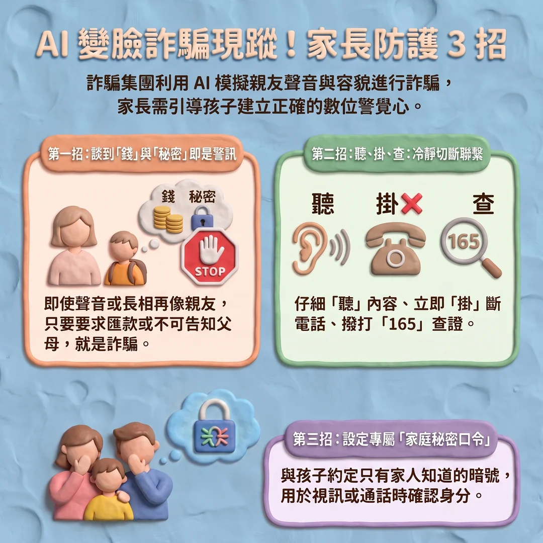 AI 變臉詐騙防護三招（圖／AI生成製圖）