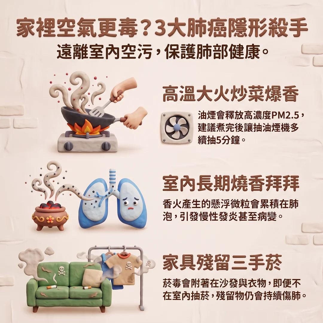三大室內肺癌隱形殺手（圖／AI生成製圖）