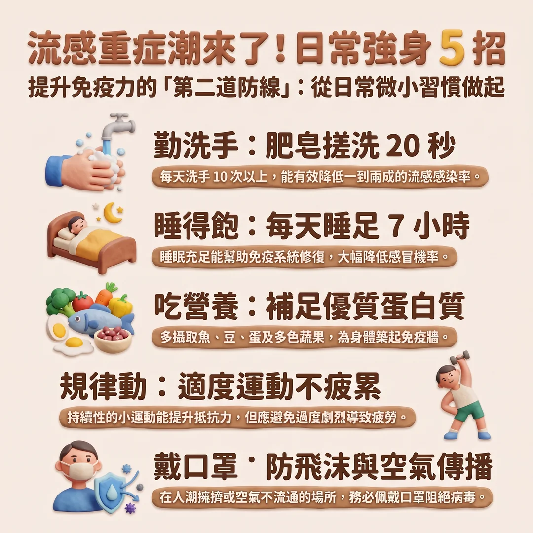 流感預防日常強身五招（圖／AI生成製圖）