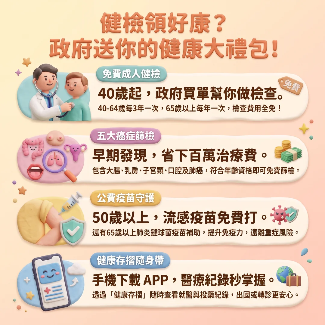 政府免費健康福利指南（圖／AI生成製圖）
