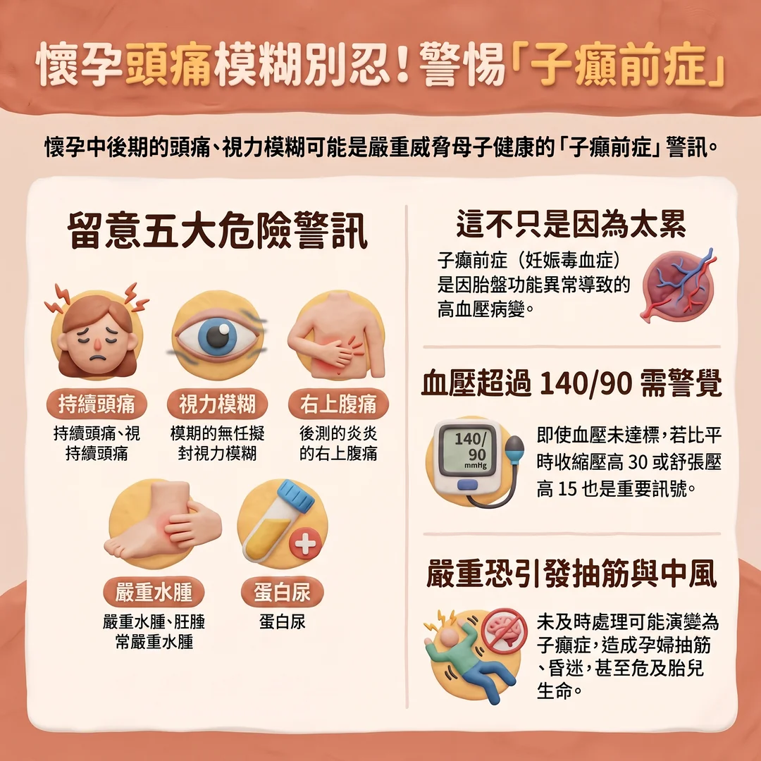 子癲前症五大危險警訊（圖／AI生成製圖）