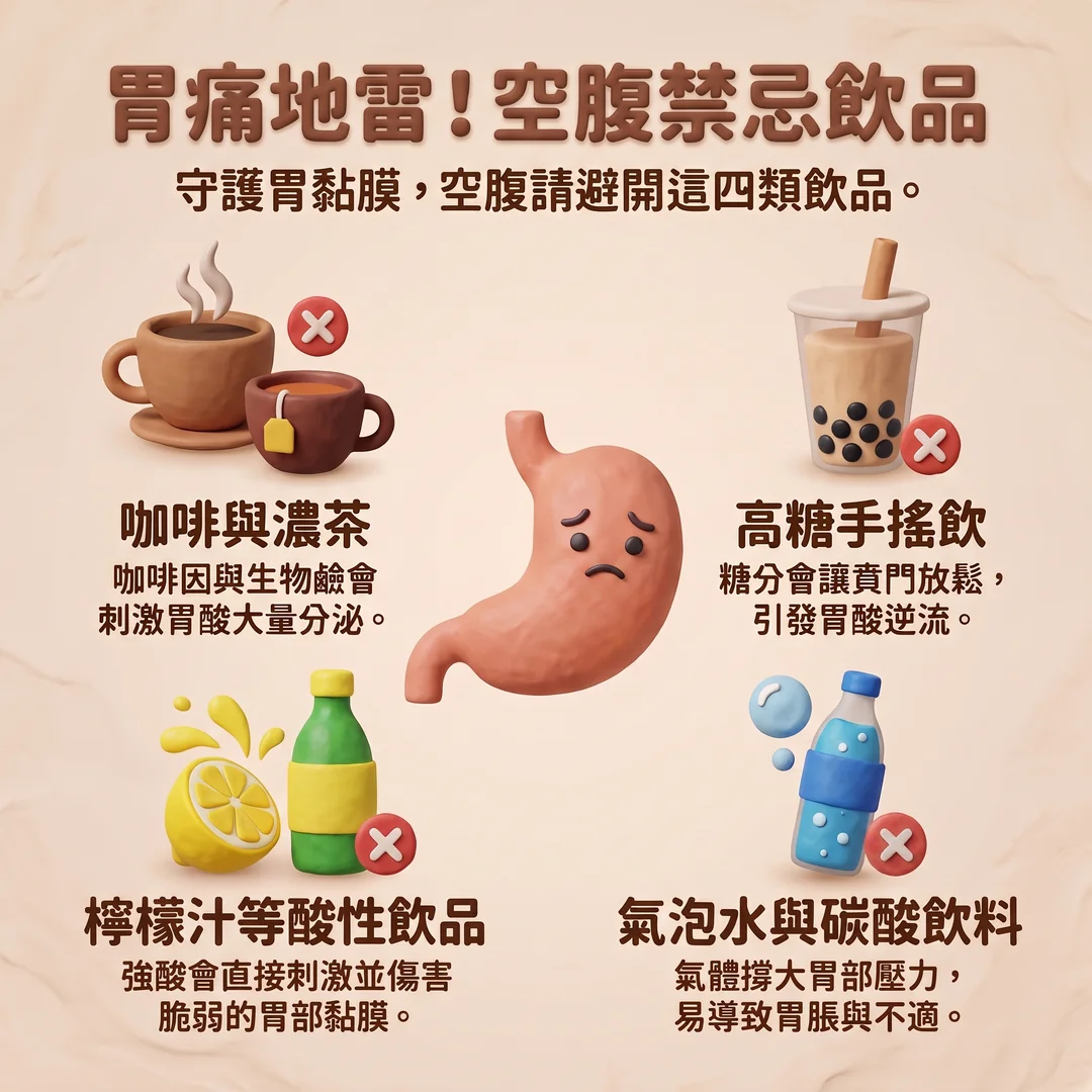 空腹禁忌飲品指南（圖／AI生成製圖）