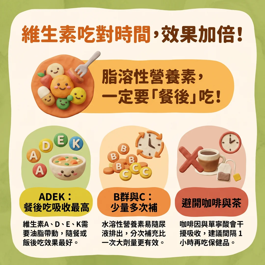 維生素服用時間指南（圖／AI生成製圖）