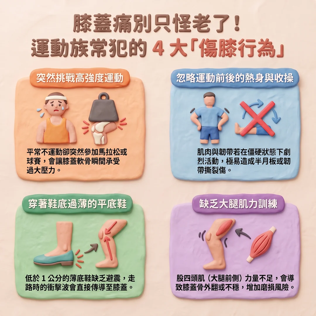 運動族四大傷膝行為（圖／AI生成製圖）