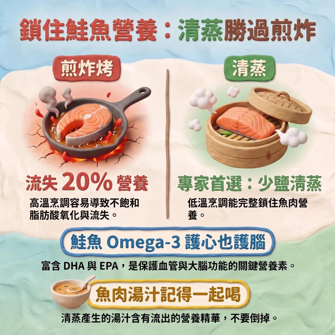 鮭魚烹調方式營養比較（圖／AI生成製圖）