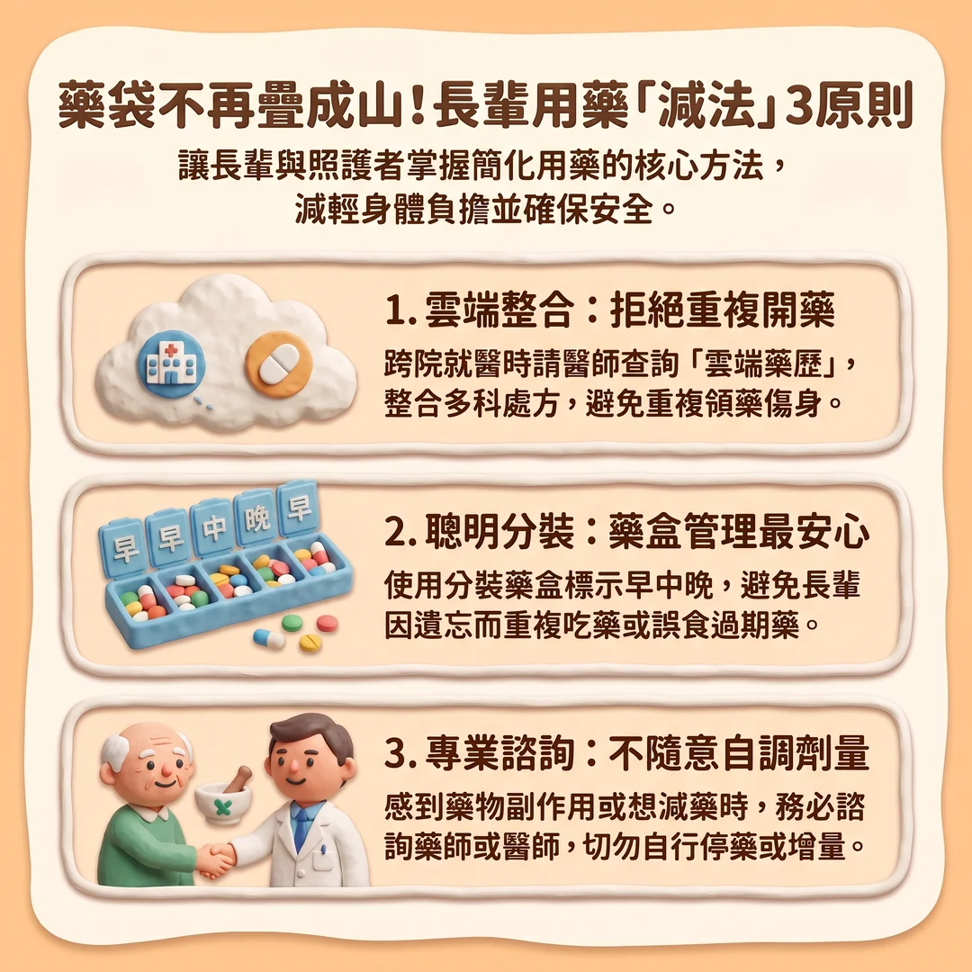 長輩用藥減法三原則(圖/AI生成製圖)