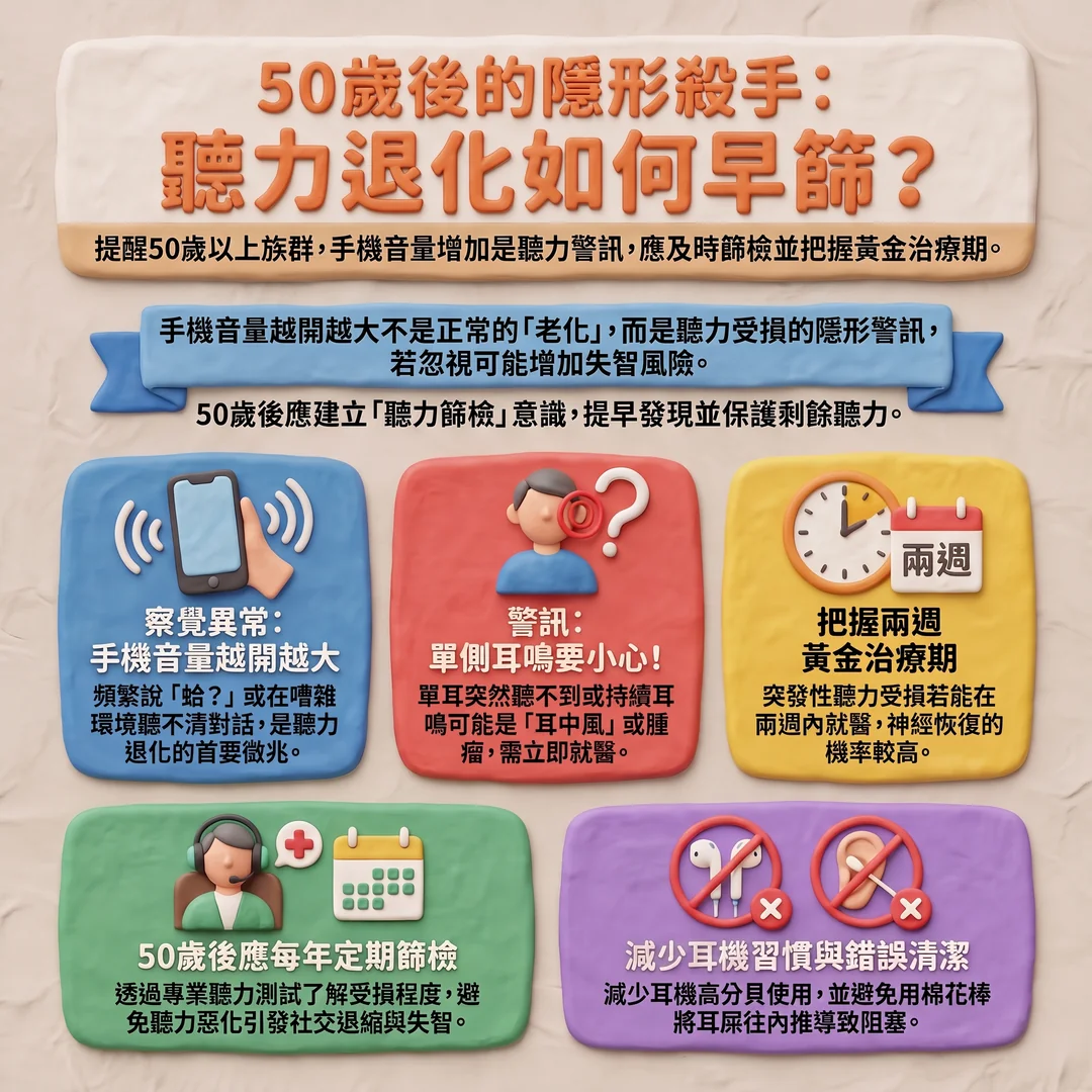 50歲後聽力篩檢指南（圖／AI生成製圖）