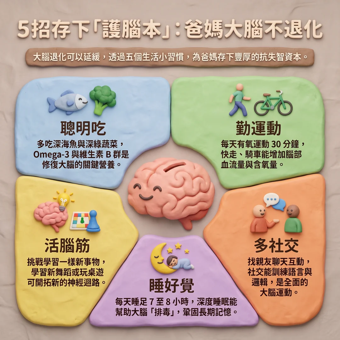 預防大腦退化的五種習慣(圖/AI生成製圖)