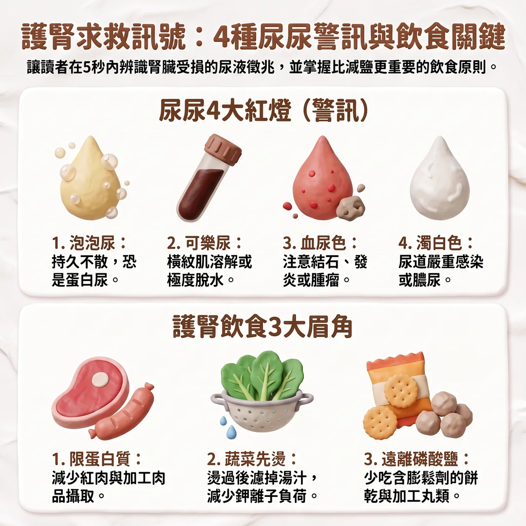 尿液警訊與護腎飲食（圖／AI生成製圖）