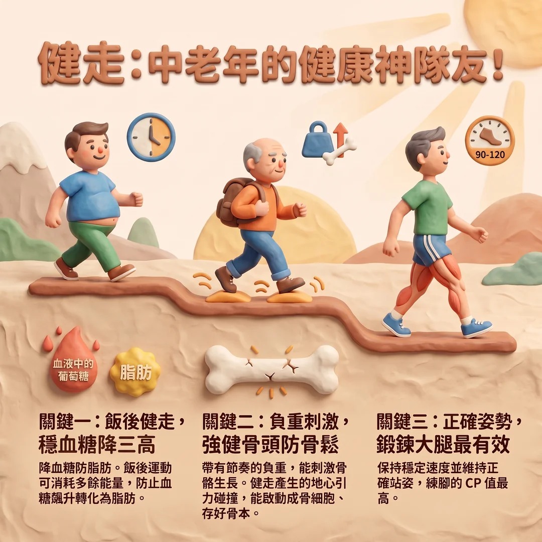 中老年健走健康指南（圖／AI生成製圖）