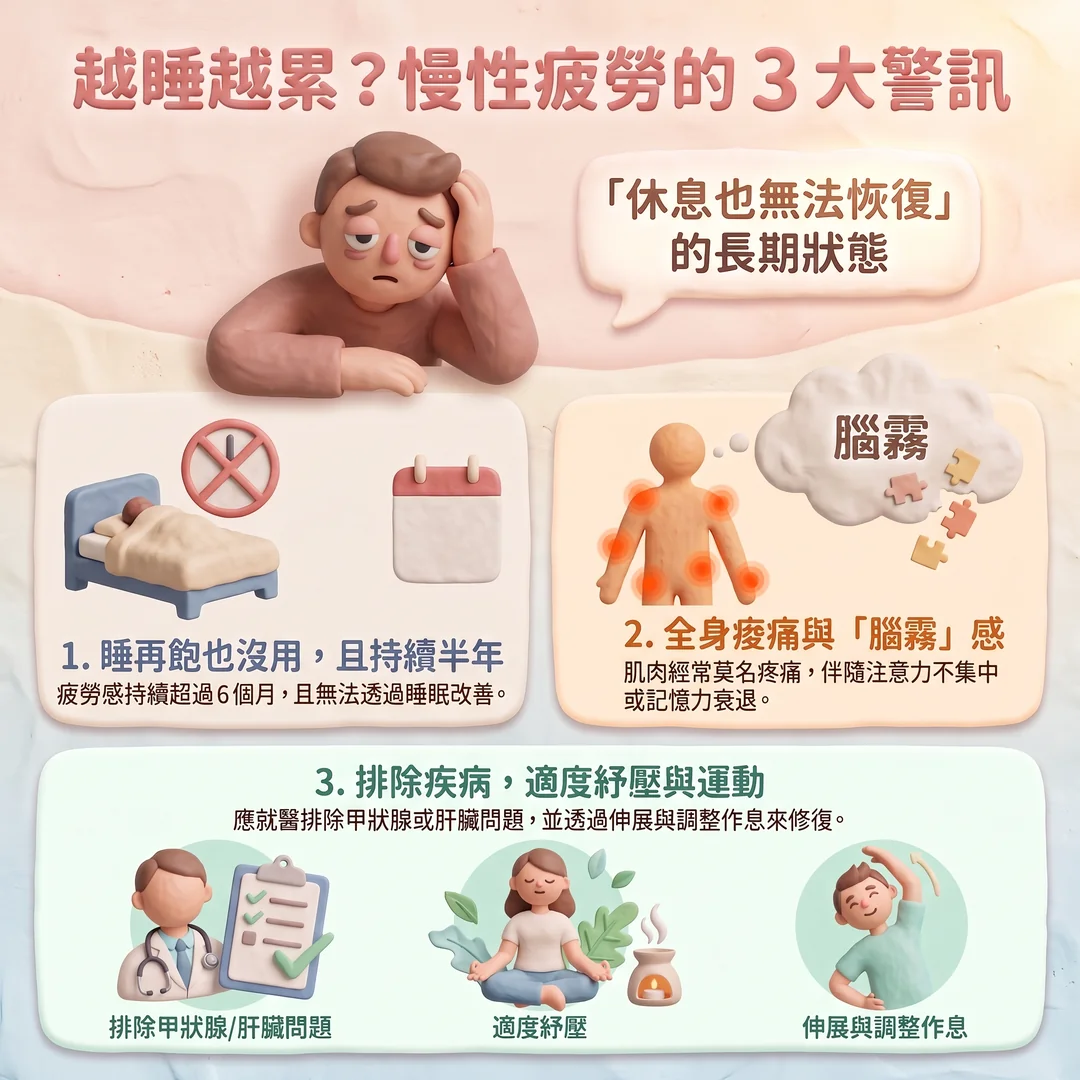 慢性疲勞的三大警訊（圖／AI生成製圖）