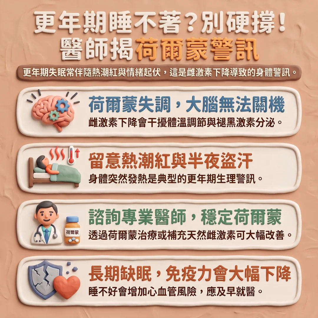 更年期失眠與荷爾蒙警訊(圖/AI生成製圖)