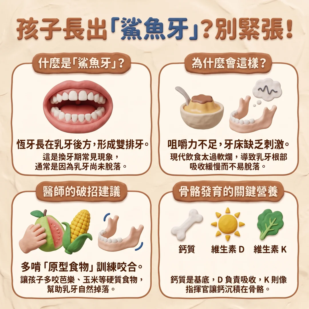 兒童鯊魚牙衛教指南（圖／AI生成製圖）