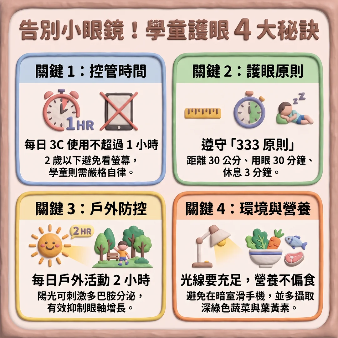 學童護眼 4 大秘訣(圖/AI生成製圖)