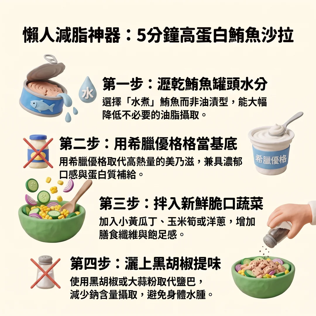 五分鐘高蛋白鮪魚沙拉食譜（圖／AI生成製圖）