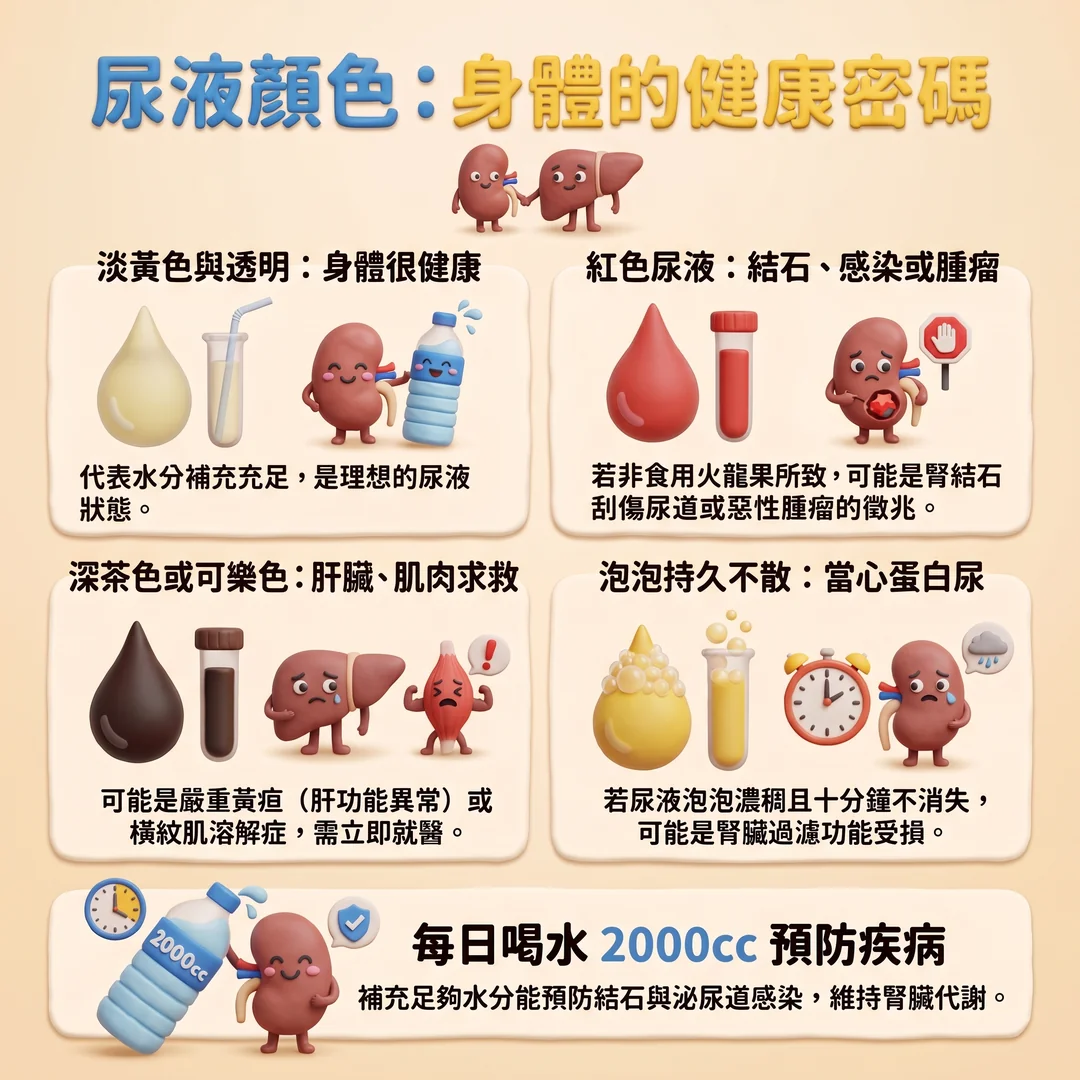 尿液顏色與身體健康（圖／AI生成製圖）