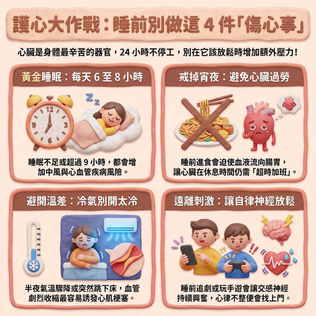 護心大作戰:睡前四禁忌(圖/AI生成製圖)