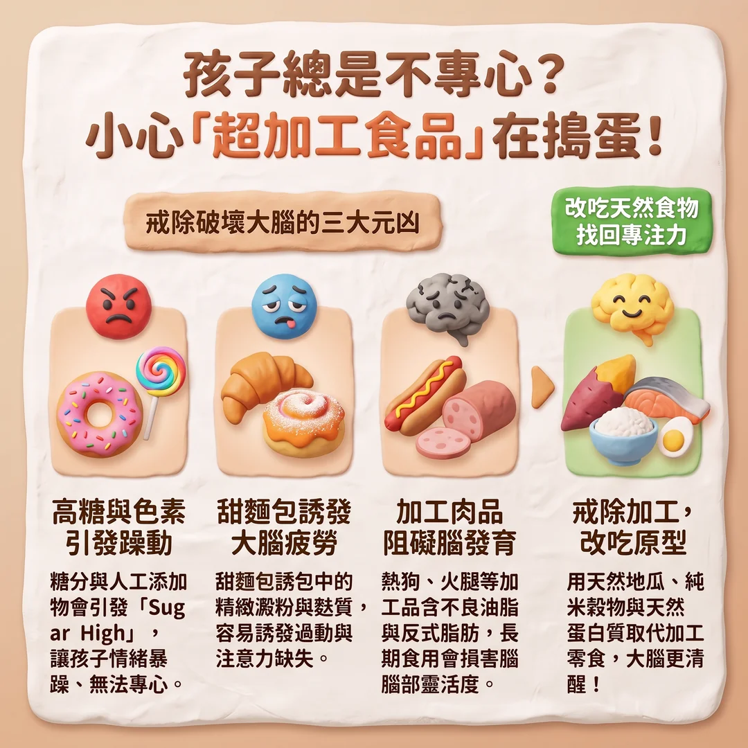 超加工食品與兒童專注力（圖／AI生成製圖）