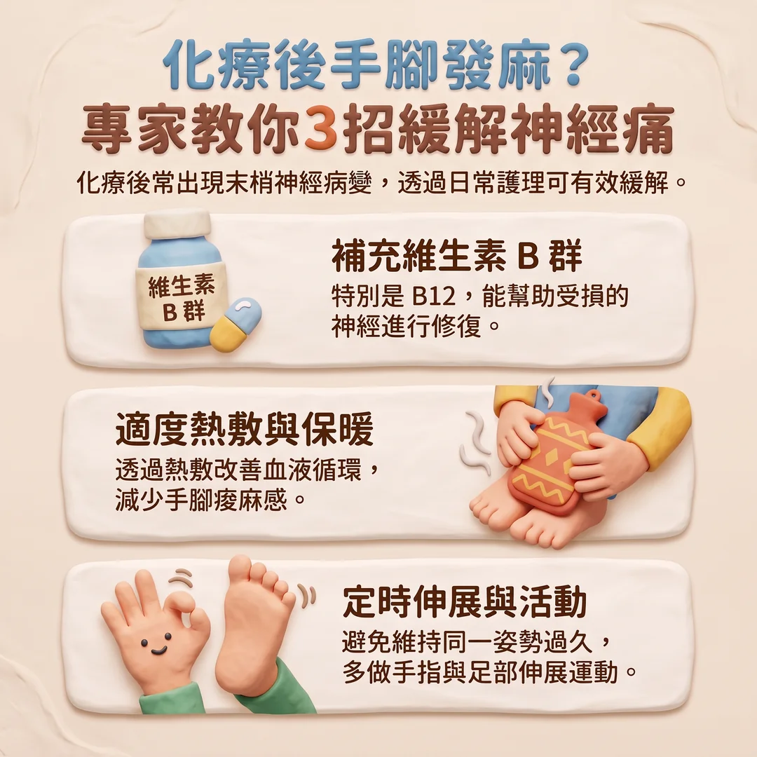 化療後<a href='/search/tags/手腳發麻/' target='_blank'>手腳發麻</a>緩解指南（圖／AI生成製圖）