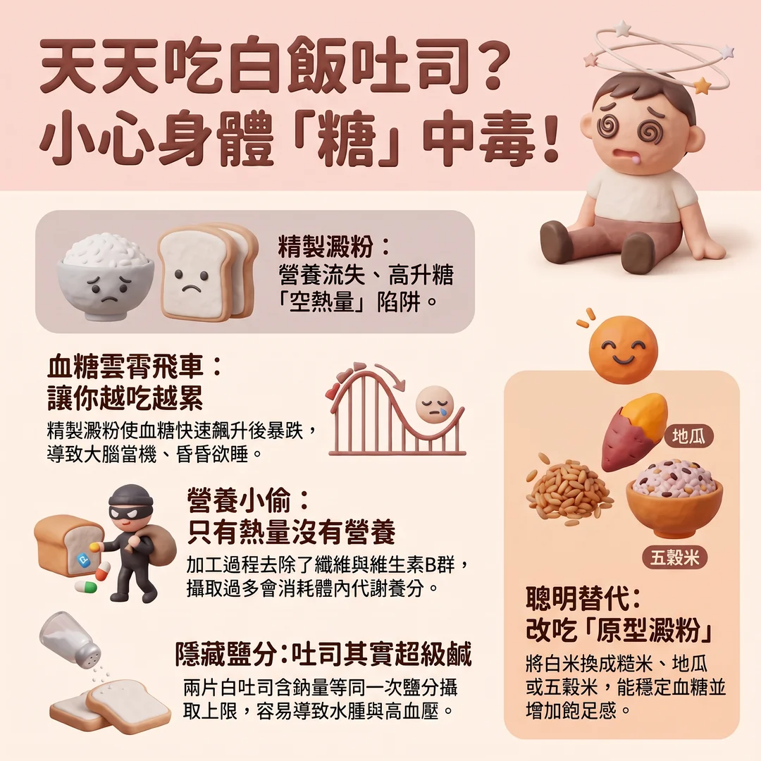 精製澱粉危害與健康替代（圖／AI生成製圖）