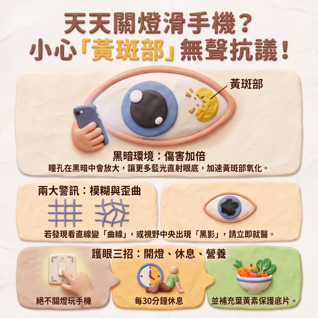 關燈滑手機傷眼警訊（圖／AI生成製圖）
