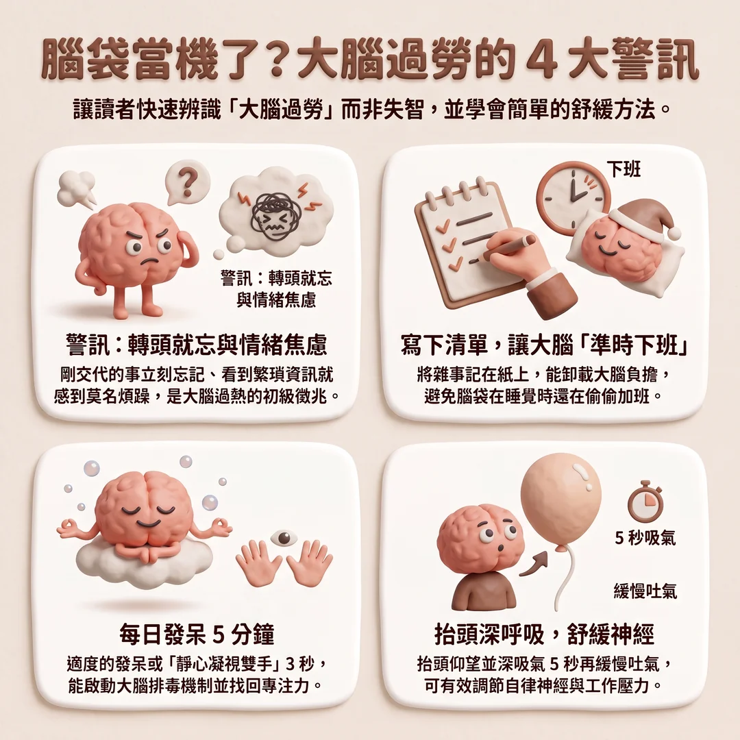 大腦過勞的四大警訊（圖／AI生成製圖）
