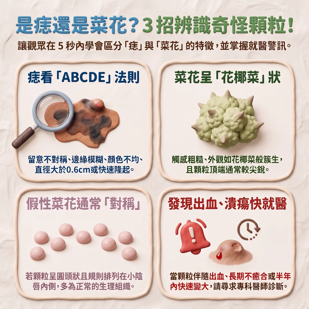 辨識痣與菜花的技巧（圖／AI生成製圖）