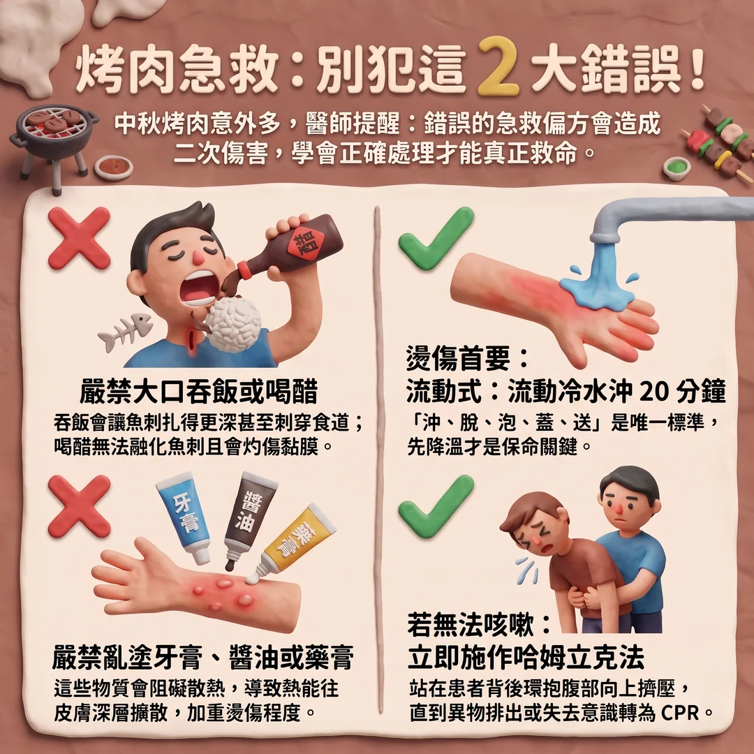 烤肉急救錯誤與正確處理（圖／AI生成製圖）