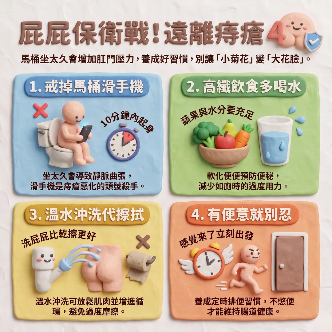 遠離痔瘡的四個習慣（圖／AI生成製圖）