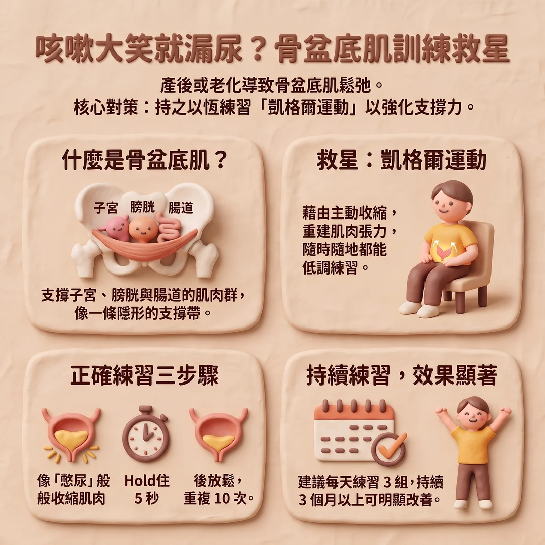 凱格爾運動改善漏尿指南(圖/AI生成製圖)