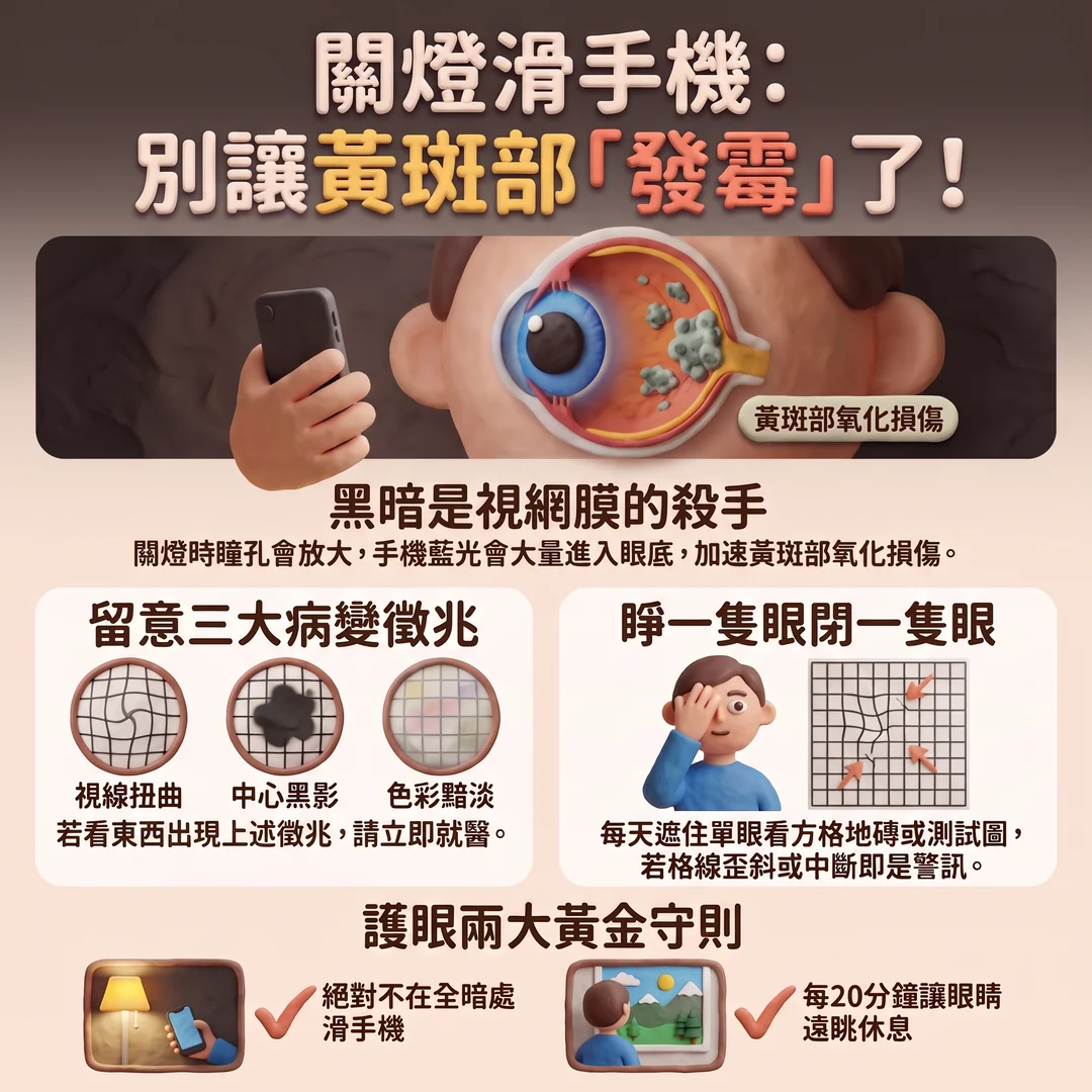 關燈滑手機:保護黃斑部(圖/AI生成製圖)