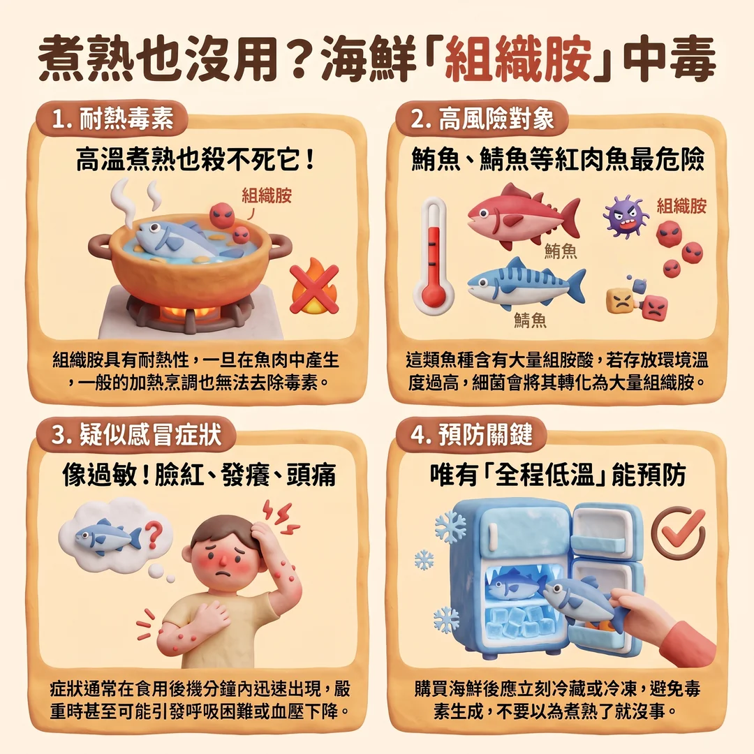 海鮮組織胺中毒預防指南(圖/AI生成製圖)