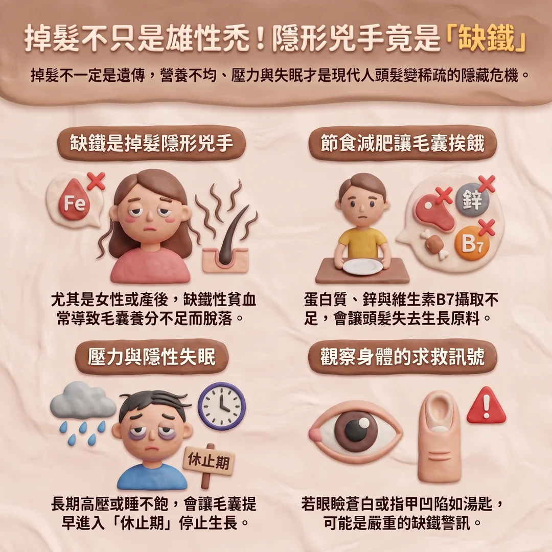 掉髮原因與缺鐵警訊(圖/AI生成製圖)