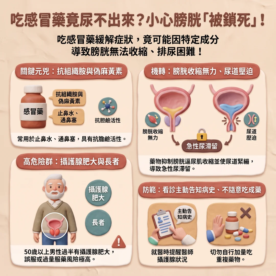 感冒藥引發尿滯留衛教（圖／AI生成製圖）
