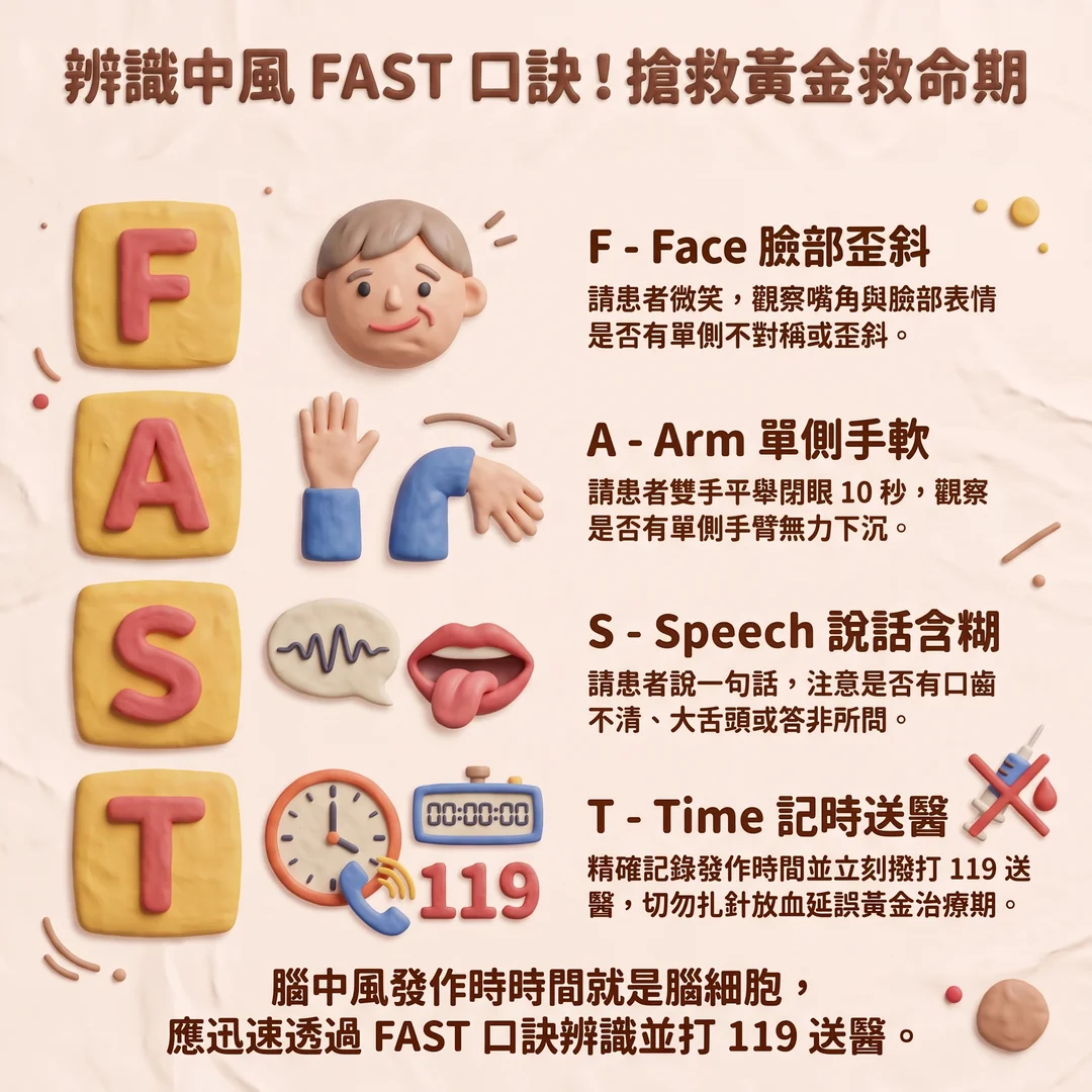 辨識中風 FAST 口訣（圖／AI生成製圖）