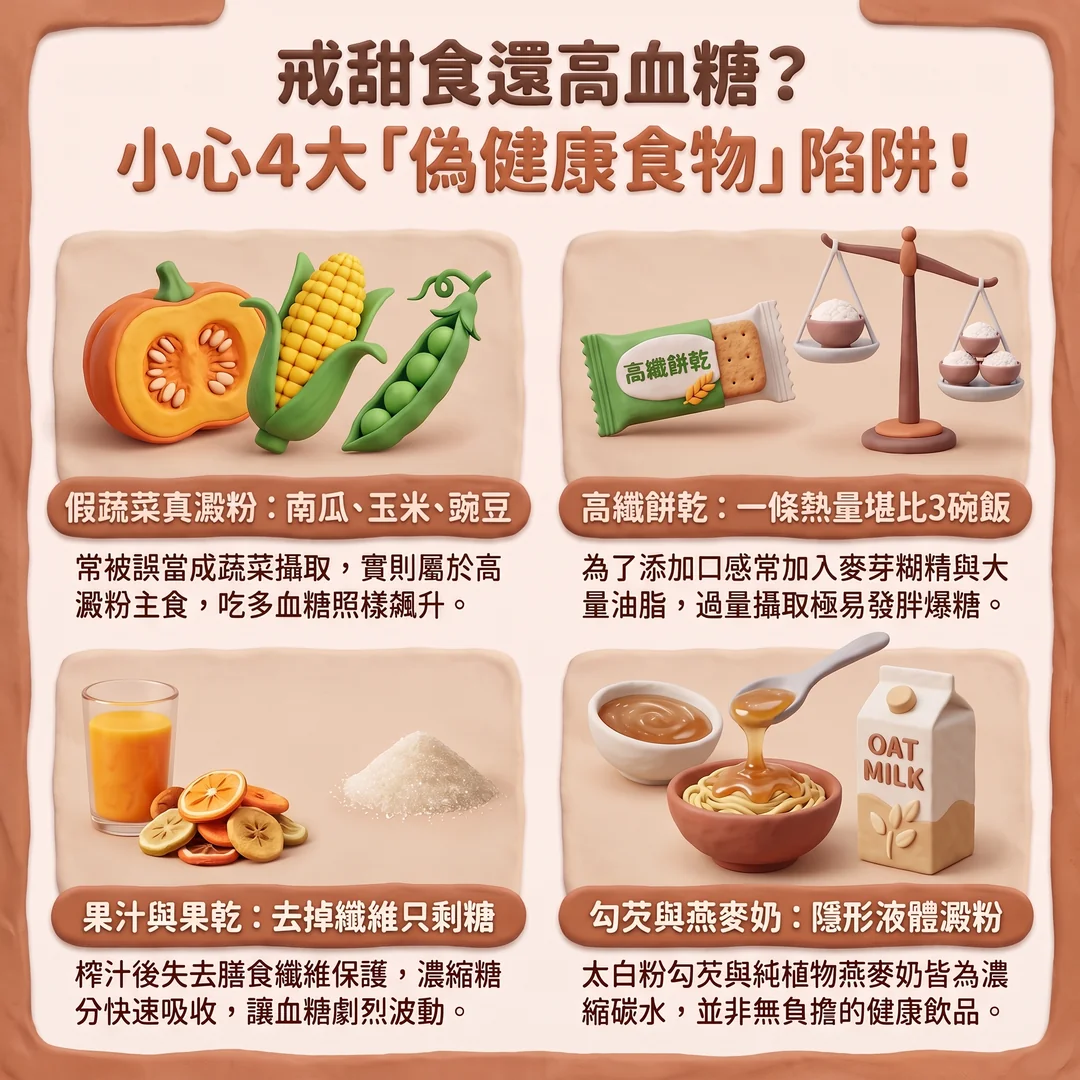 四種偽健康食物陷阱（圖／AI生成製圖）