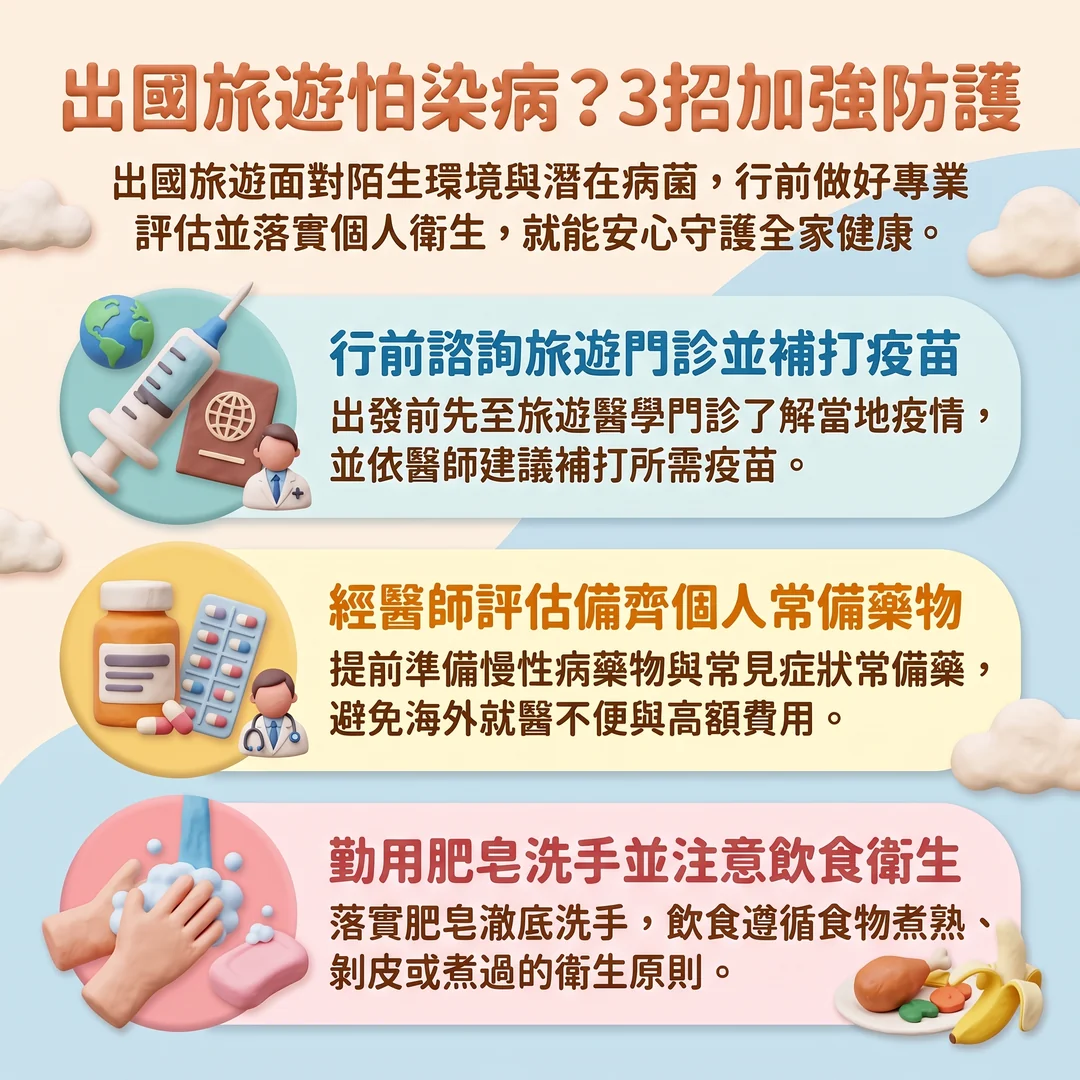 出國旅遊防護三招（圖／AI生成製圖）