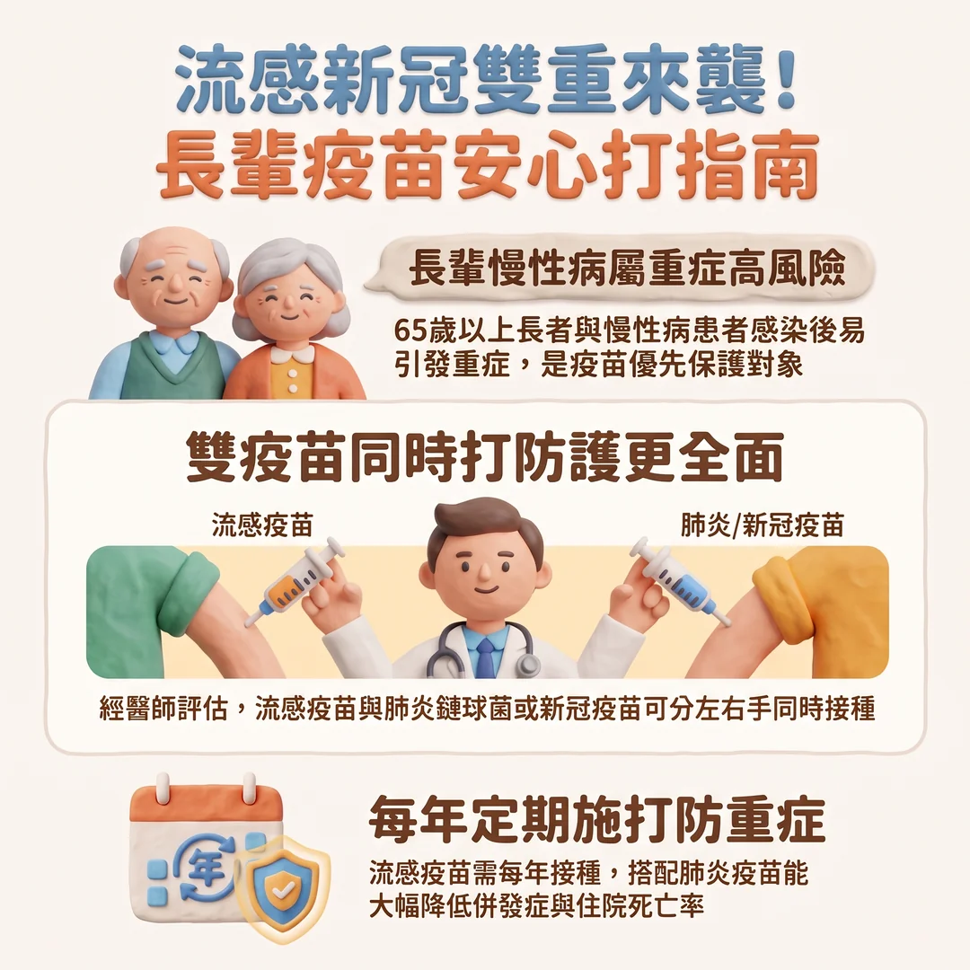 長輩雙疫苗接種指南（圖／AI生成製圖）