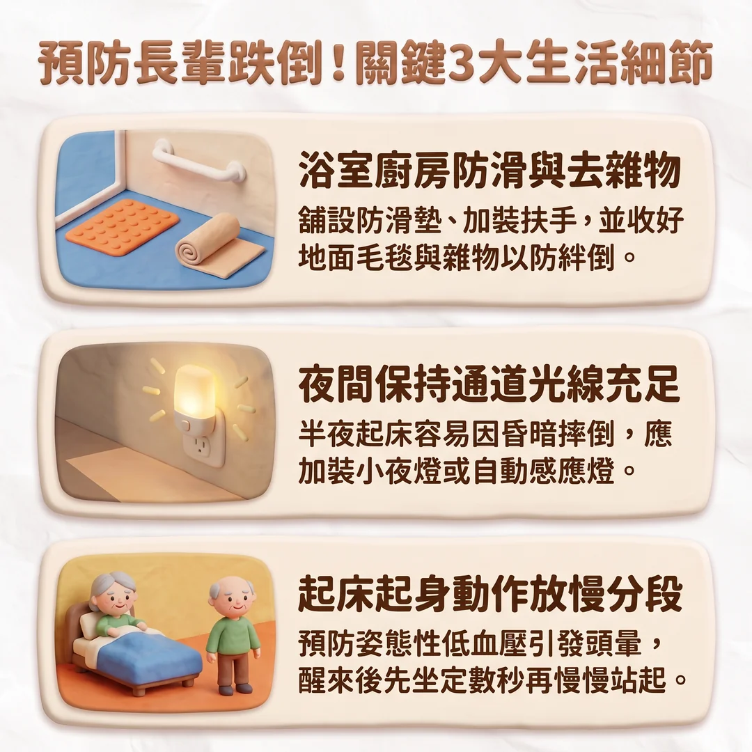 預防長輩跌倒三大細節（圖／AI生成製圖）