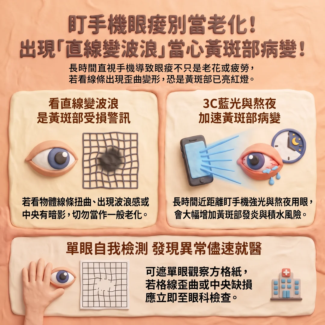 黃斑部病變警訊與自我檢測(圖/AI生成製圖)