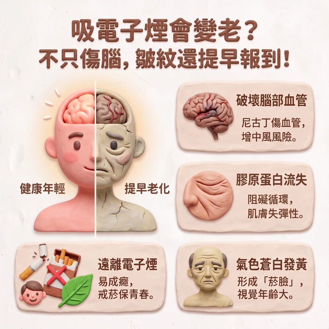 吸電子煙危害與提早老化（圖／AI生成製圖）