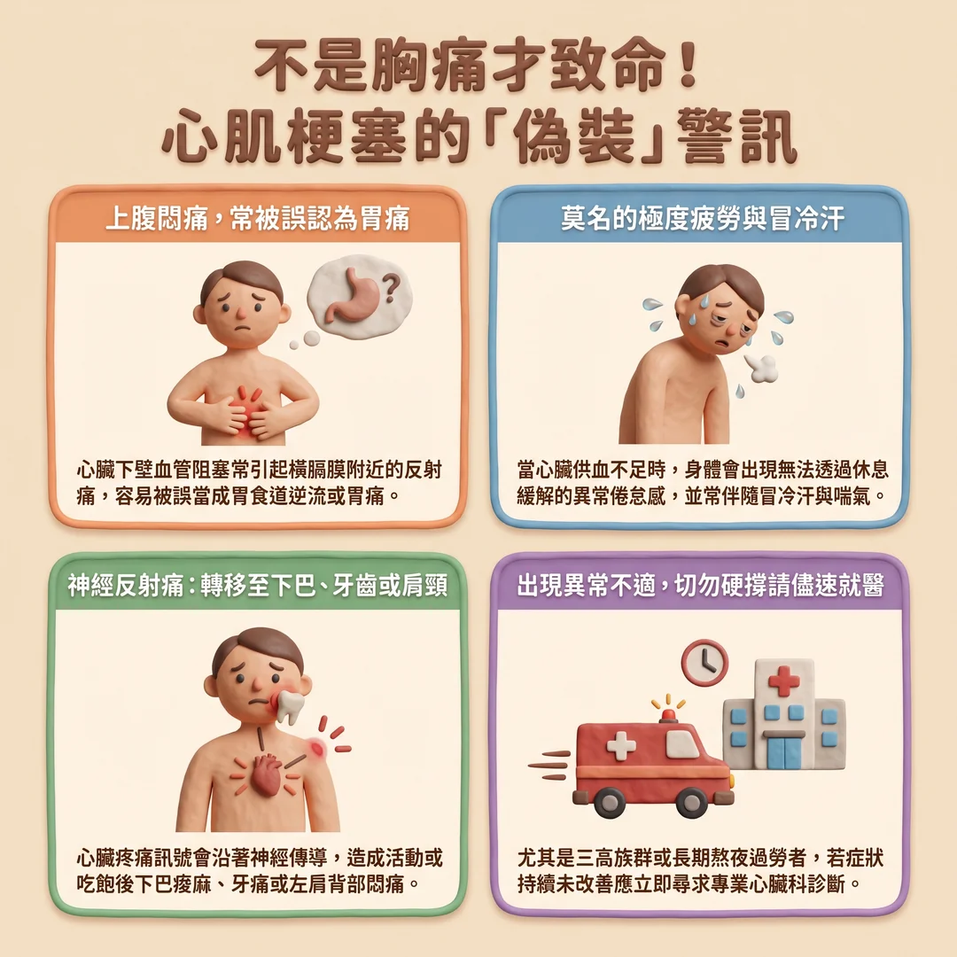 心肌梗塞的「偽裝」警訊(圖/AI生成製圖)