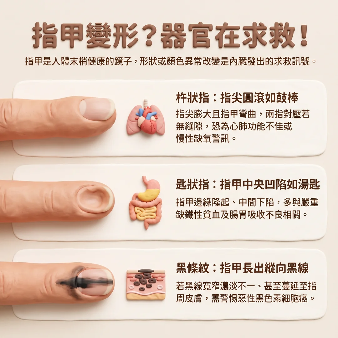 指甲變形與健康警訊（圖／AI生成製圖）